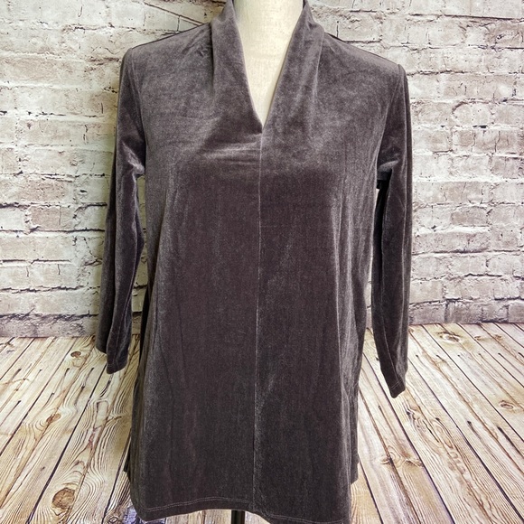 Lands End Brown V Neck Velvet Tunic Blouse S/P